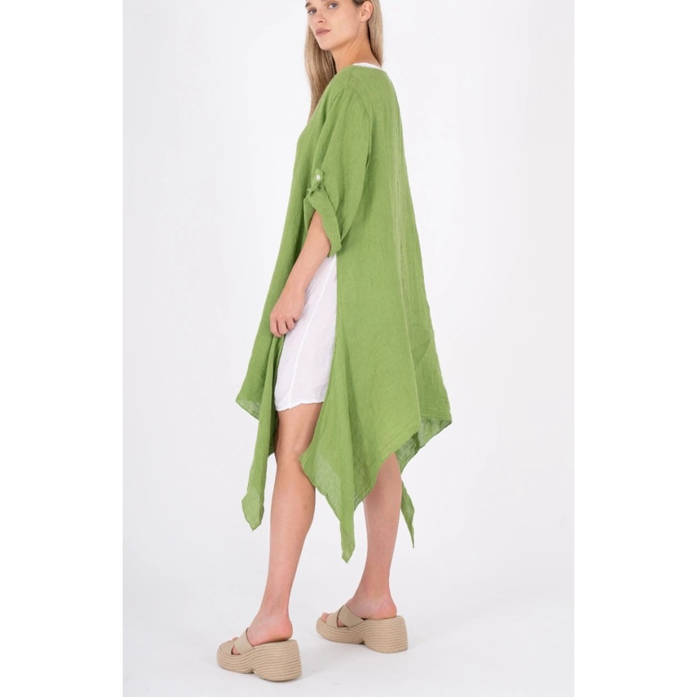 Made In Italy Linen Lagenlook Tunic Dress L Asymmetrical Hem Side Slits Green
